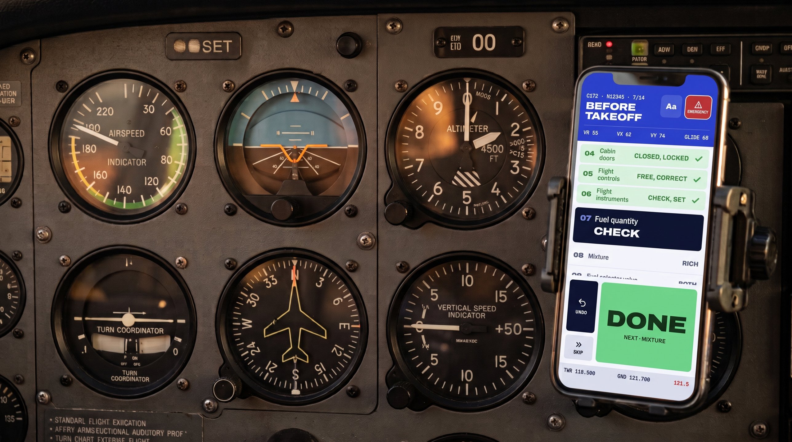 ZuluCheck on an iPhone mounted on a Cessna 172 instrument panel